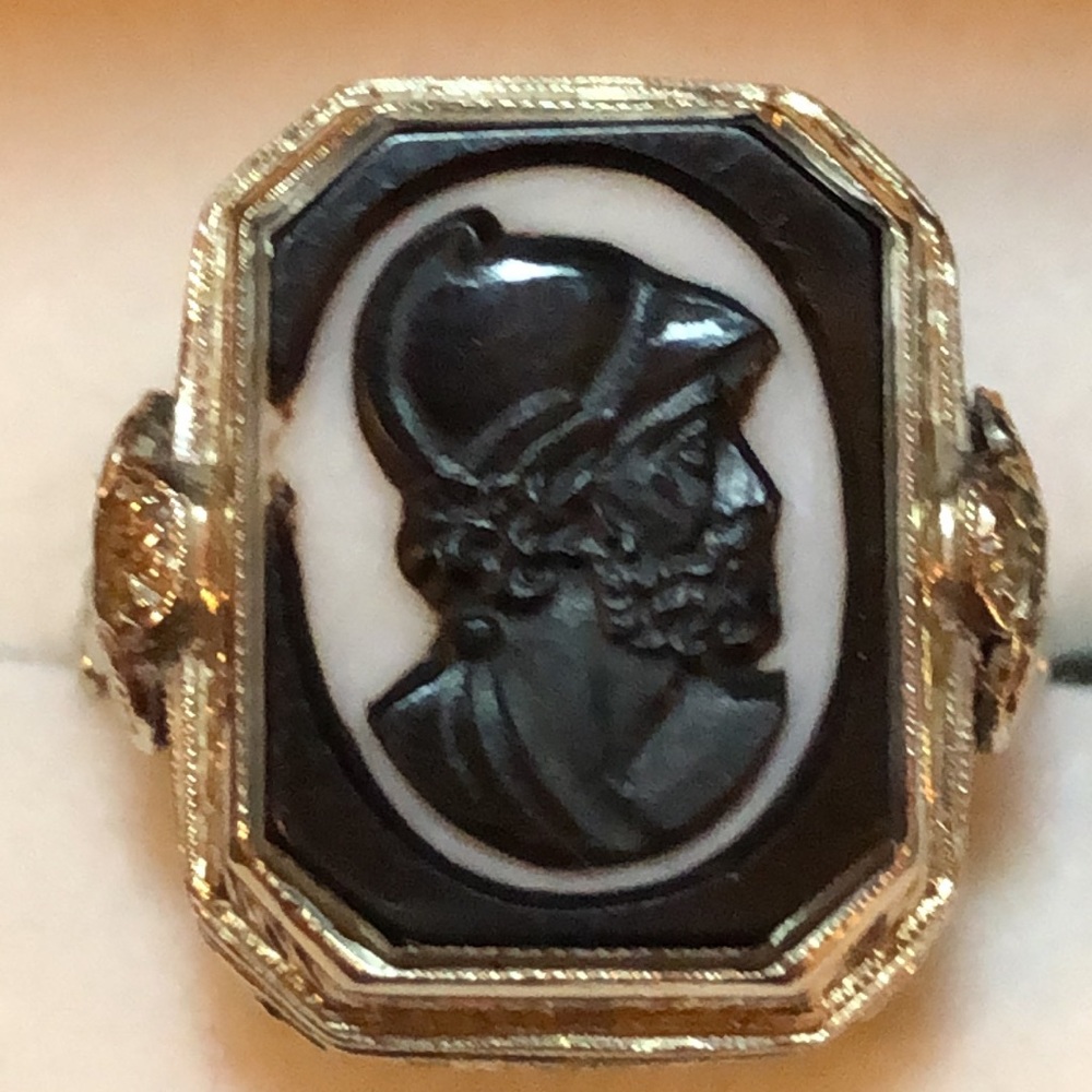 Antique 14 Karat Gold White & Black Roman soldier Hand Carved Ring